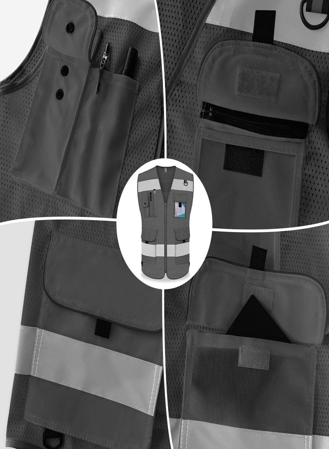 TCCFCCT Mesh Safety Vest for Men Women 9 Pockets High Visibility Reflective Vest for Safety, Work Vest with Reflective Strips, Meets ANSI/ISEA Standards, (Grey, X-Large) - Image 4